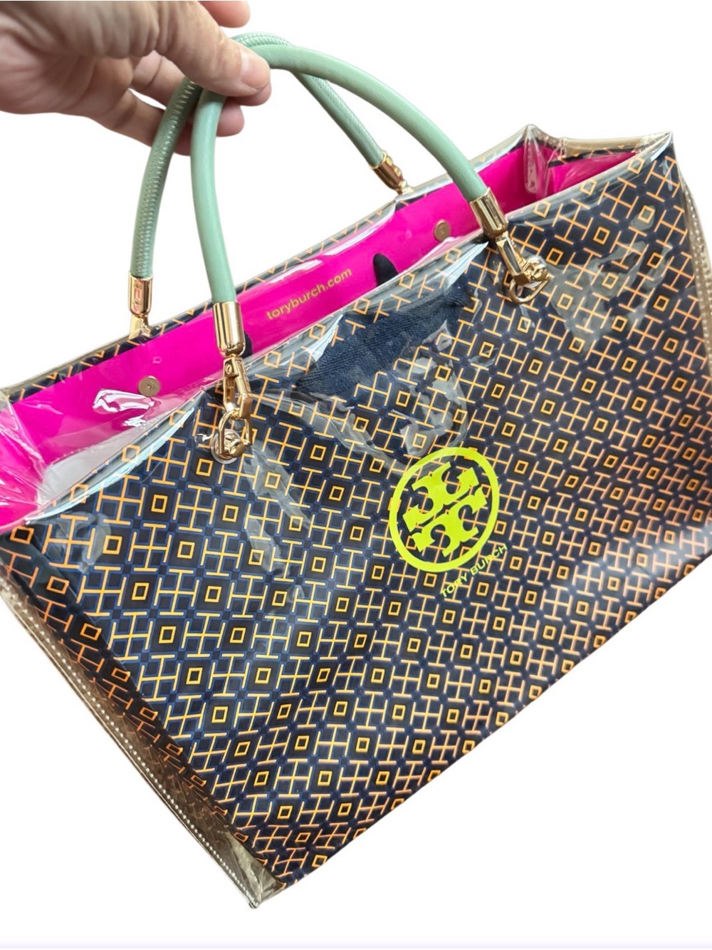 Upcycled Tory Burch Mini Tote – Green Handle Handcrafted Bag